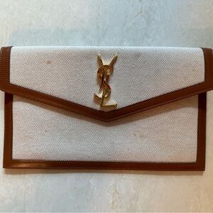 YSL White Canvas and Brown Leather Monogram Clutch